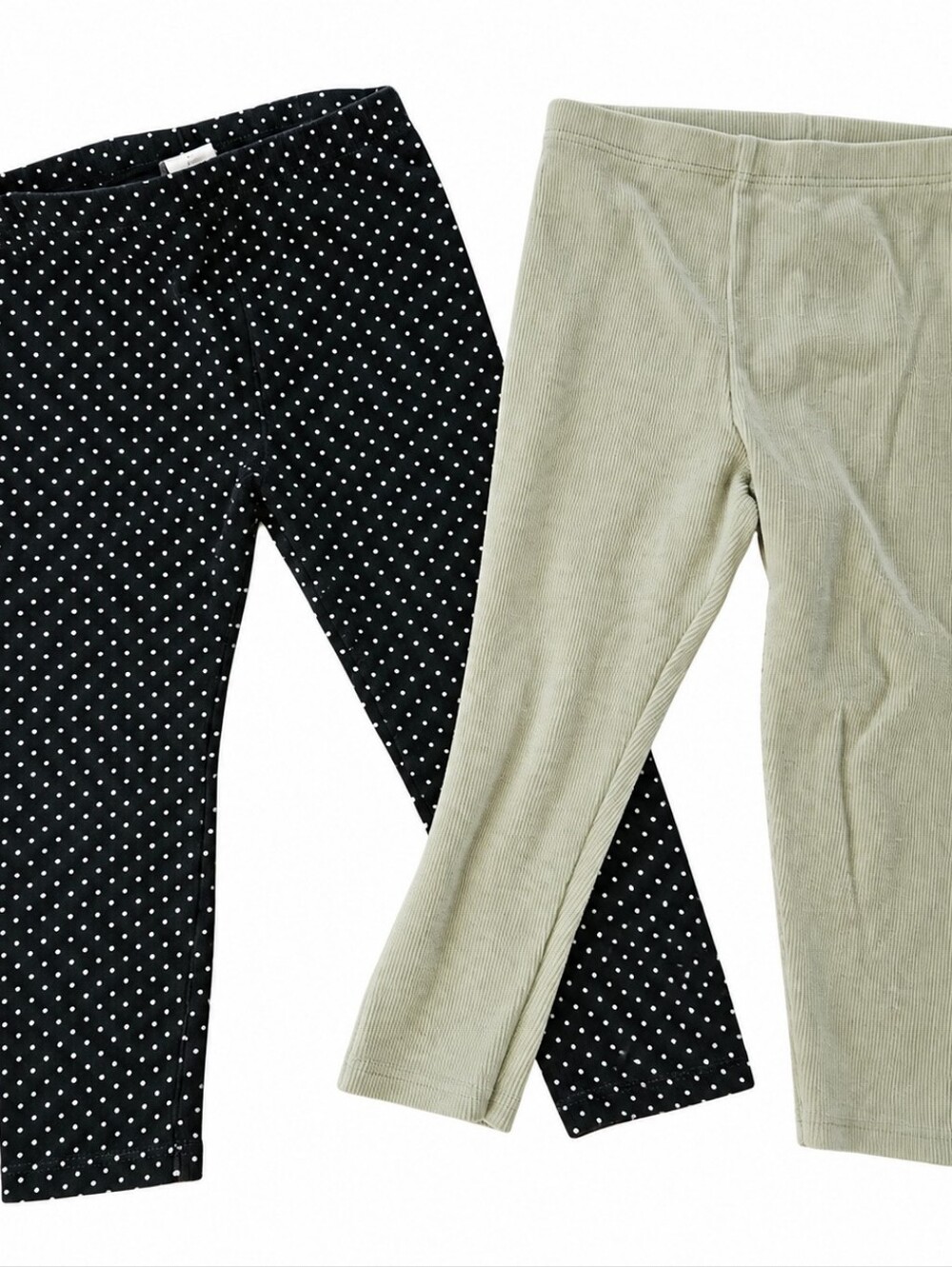 Kids' Polka Dot Black Leggings and Light Green Ribbed Leggings - 2-Pack